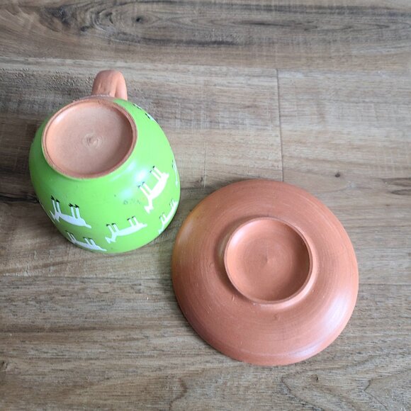 Peru red clay handmade hand painted cup and saucer with goat design. - Picture 5 of 7